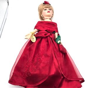 Vintage Camellia Garden Brass Key Swarovski Crystal Porcelain Doll Red Gown